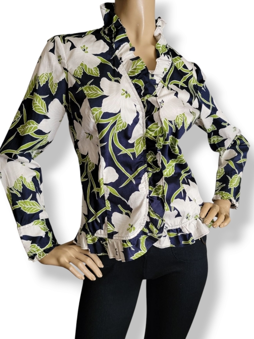Jones New York Ruffled Floral Button-Front Blouse in Navy, White & Green